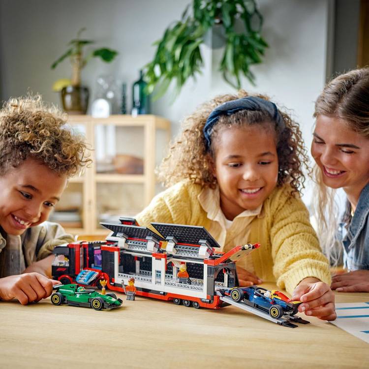 LEGO City F1 Truck playset with RB20 and AMR24 cars, British brand