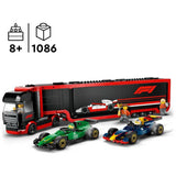 LEGO City F1 Truck playset with RB20 and AMR24 cars, British brand