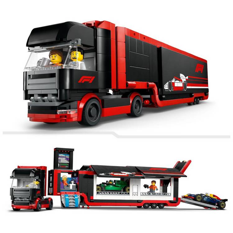 LEGO City F1 Truck playset with RB20 and AMR24 cars, British brand