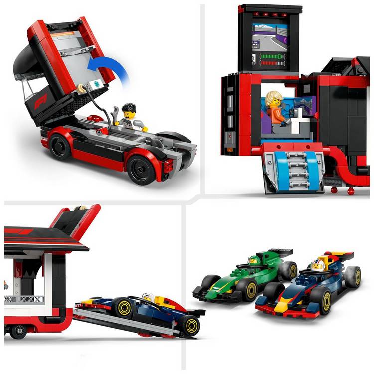 LEGO City F1 Truck playset with RB20 and AMR24 cars, British brand