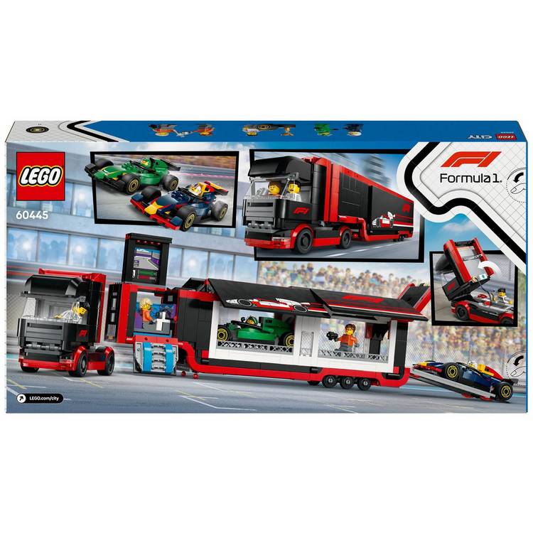 LEGO City F1 Truck playset with RB20 and AMR24 cars, British brand