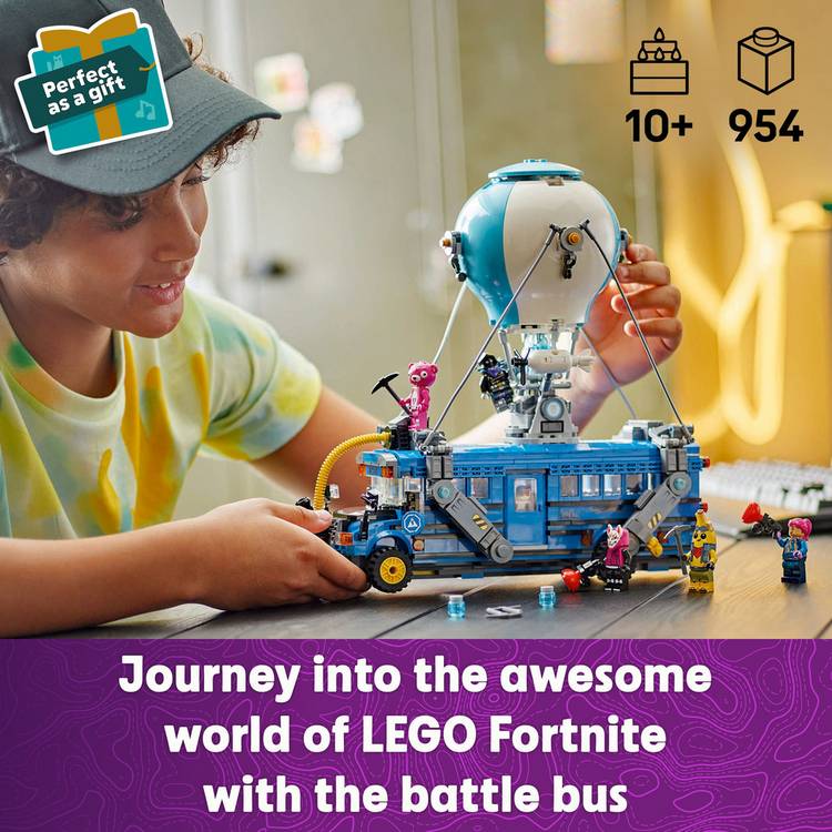 LEGO Fortnite Battle Bus building set with 9 minifigures, 954 pieces, imported from the UK