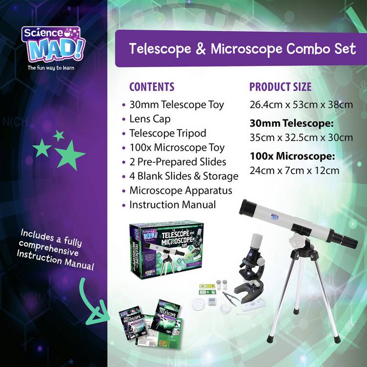 Science Mad telescope and microscope set 25x-100x 300mm, imported from the UK