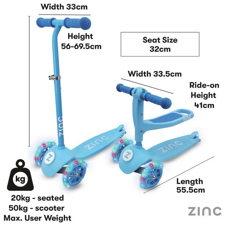 Zinc My First 3-in-1 kids scooter blue light-up wheels (British brand)