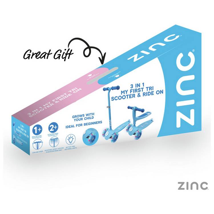 Zinc My First 3-in-1 kids scooter blue light-up wheels (British brand)