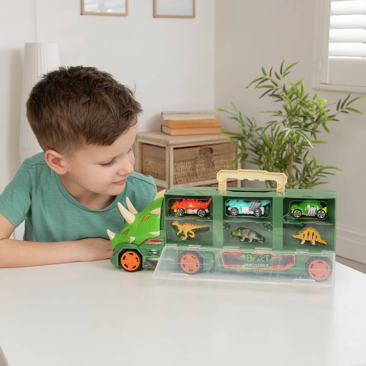 Teamsterz Dino Transporter toy case with 3 dinosaur vehicles, UK version