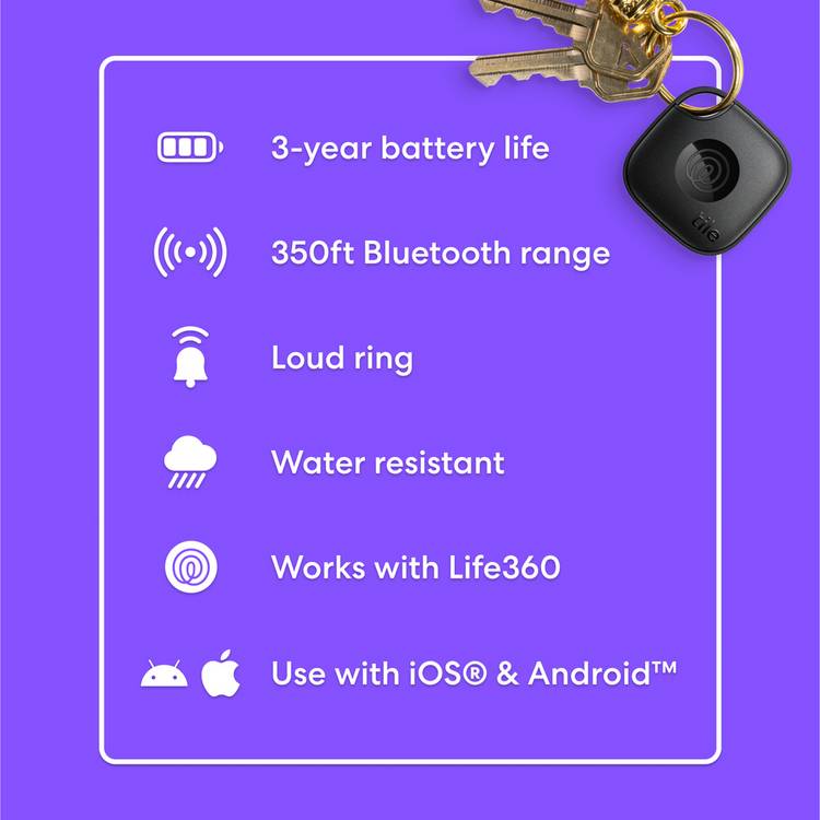 Tile Mate Black Bluetooth tracker, imported from the UK