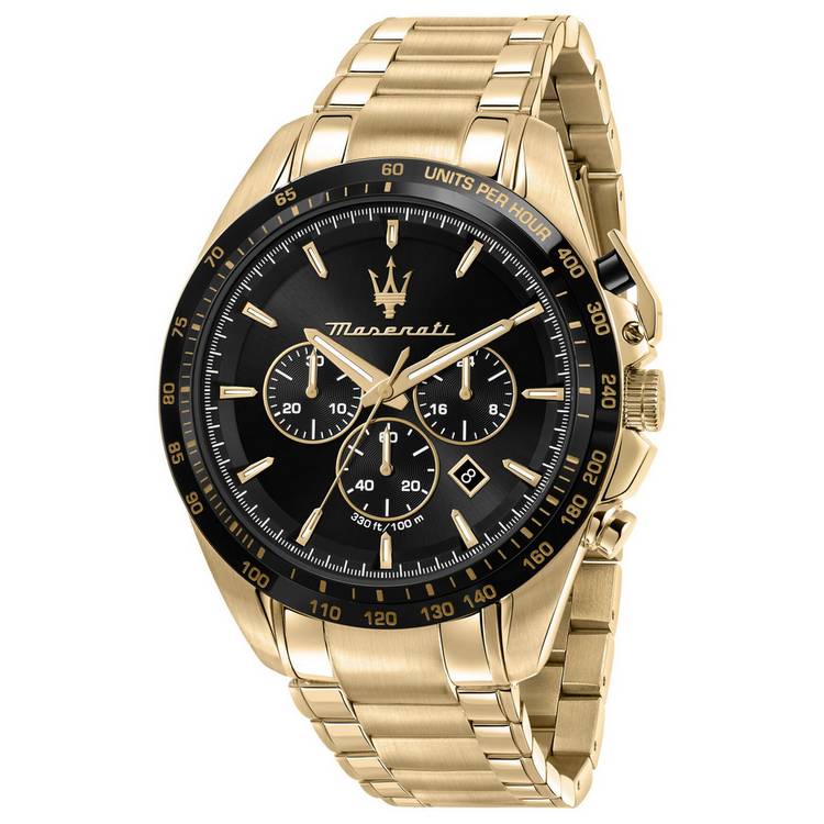 Maserati Traguardo black dial gold-plated bracelet watch 45mm, UK version