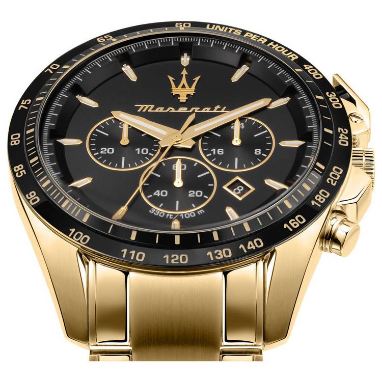 Maserati Traguardo black dial gold-plated bracelet watch 45mm, UK version