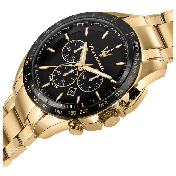 Maserati Traguardo black dial gold-plated bracelet watch 45mm, UK version