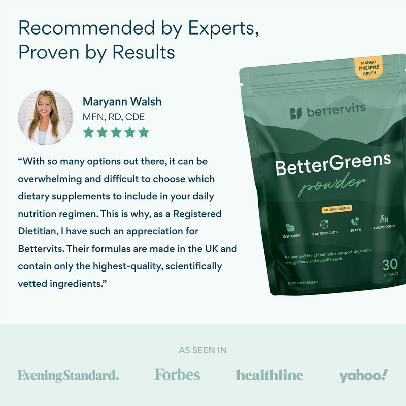 Bettervits BetterGreens mushroom powder with 50 ingredients, 30 servings (British brand)