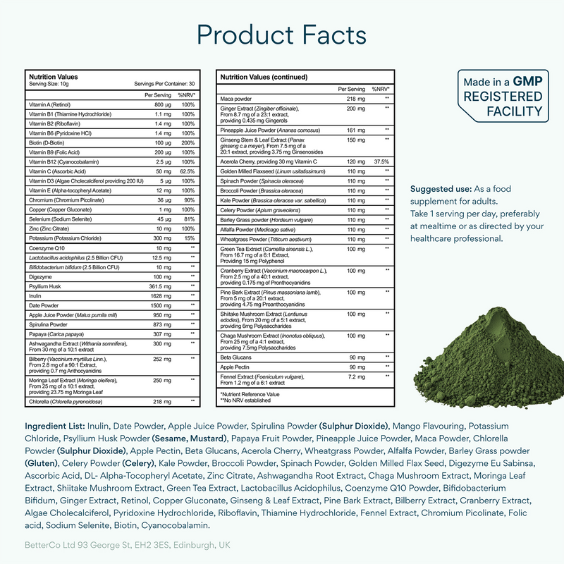 Bettervits BetterGreens mushroom powder with 50 ingredients, 30 servings (British brand)