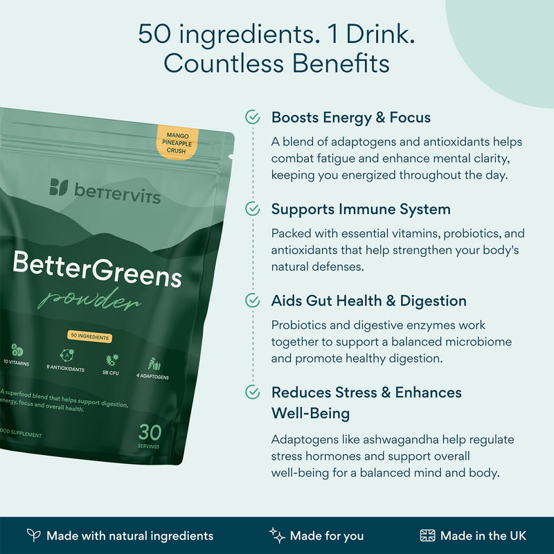 Bettervits BetterGreens mushroom powder with 50 ingredients, 30 servings (British brand)