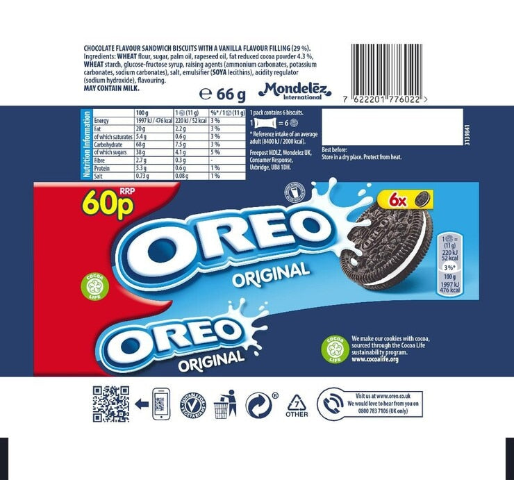 Oreo Original Sandwich Biscuits 20 x 66g, imported from the UK