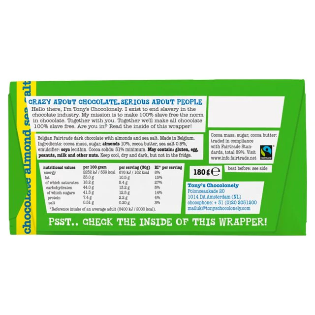 Tony's Chocolonely Dark Chocolate 51% Almond Sea Salt   180g GOODS M&S