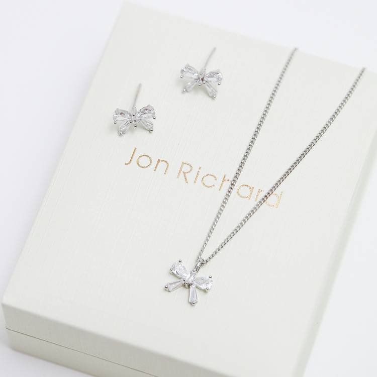 Jon Richard rhodium plated bow earrings and pendant set, UK version