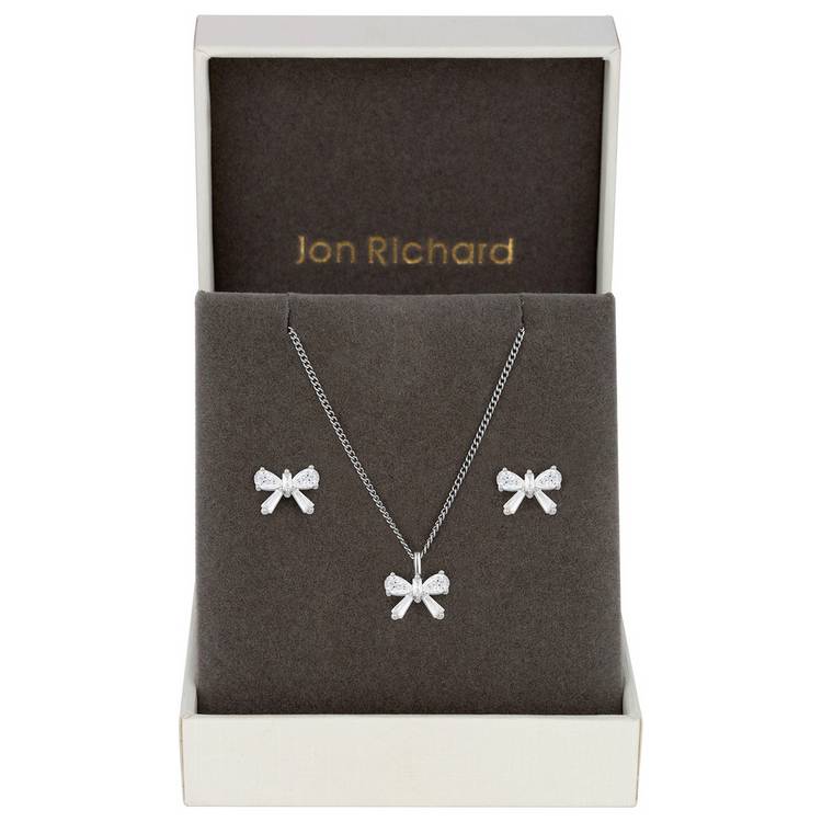 Jon Richard rhodium plated bow earrings and pendant set, UK version