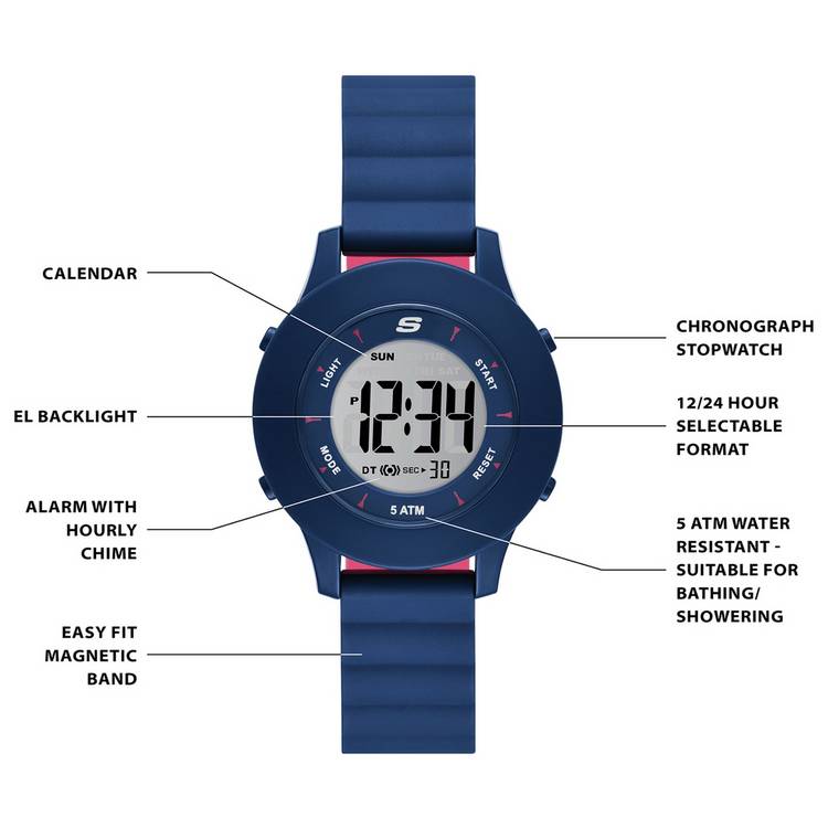 Skechers digital watch with magnetic blue silicone strap 37mm, imported from the UK