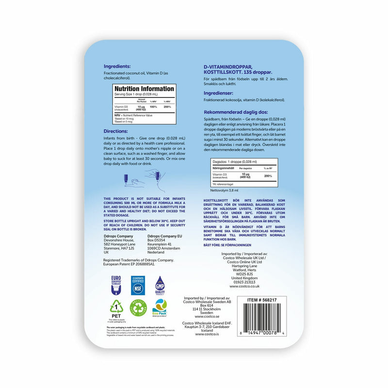 Baby Ddrops vitamin D supplement 10mcg 135 drops (British brand)