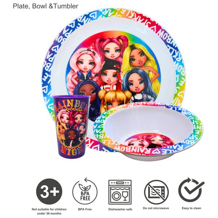 Zak Rainbow High kids plastic dinner set plate bowl tumbler (British brand)