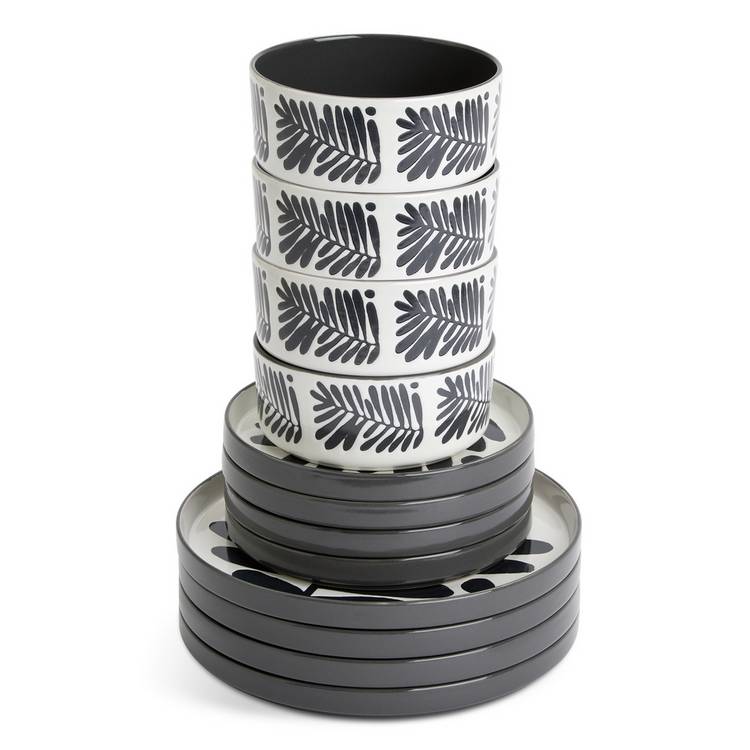 Habitat 12 piece stoneware dinner set in black and white leaf pattern, imported from the UK