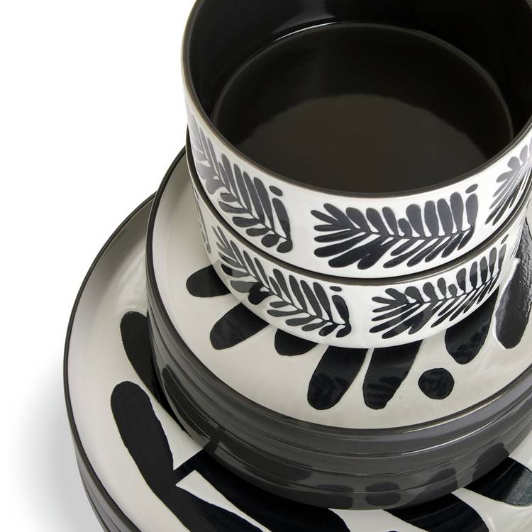 Habitat 12 piece stoneware dinner set in black and white leaf pattern, imported from the UK