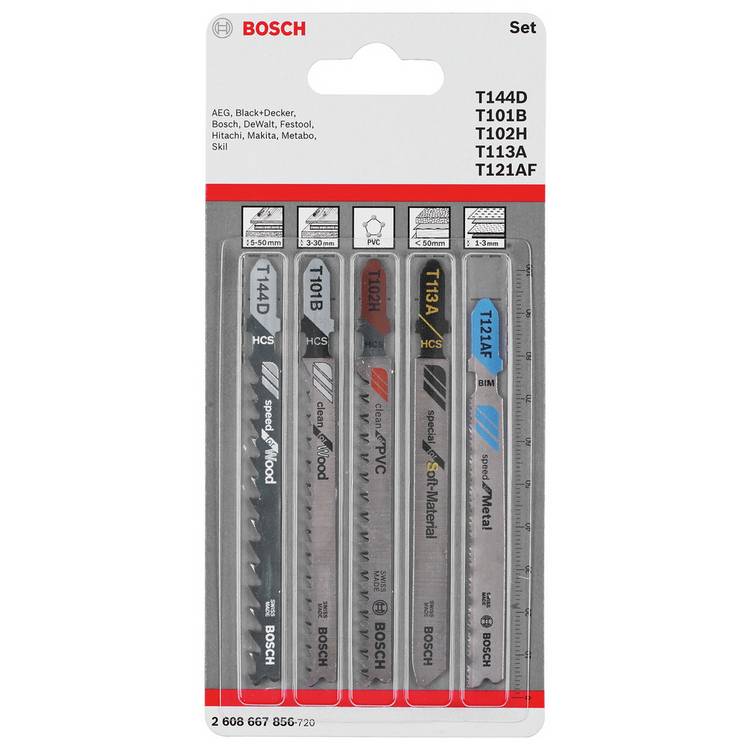 Bosch 5 piece all rounder T-shank jigsaw blade set, imported from the UK
