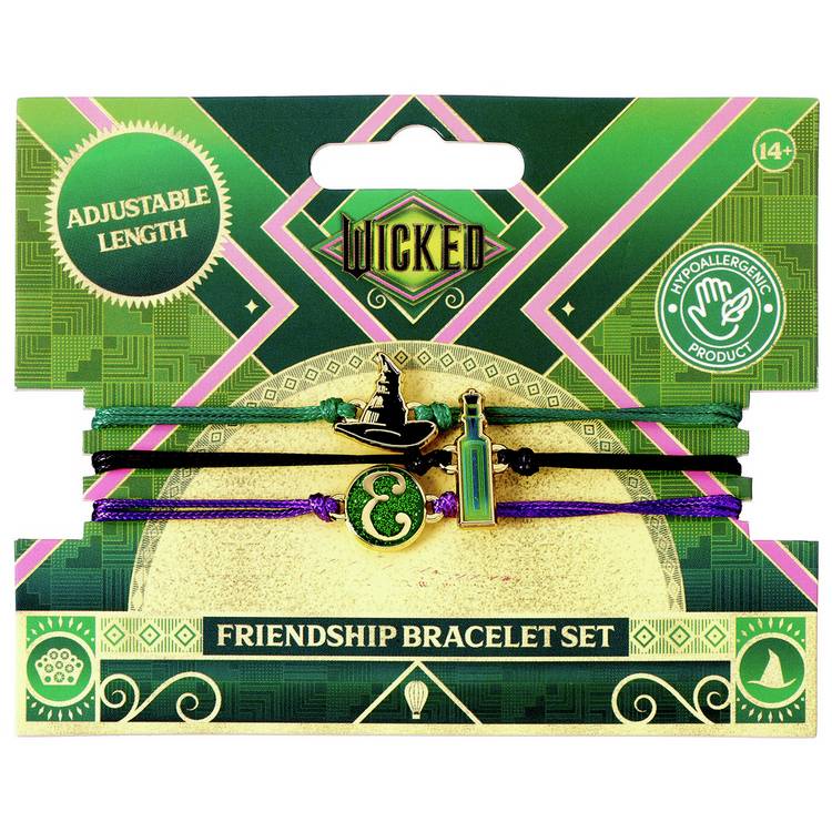 Wicked Elphaba friendship bracelet set with charms, adjustable cord, imported from the UK