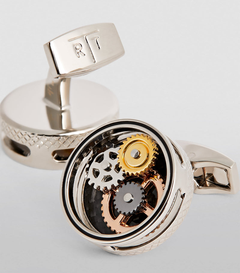 Tateossian circle gear cufflinks in rhodium plated silver (British brand)
