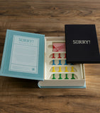 Vintage Bookshelf Sorry board game with fabric-covered book storage (British brand)