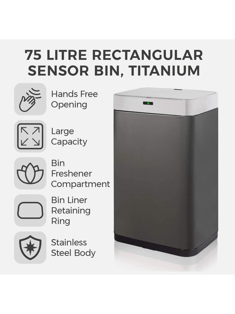 Tower Grey 75L Rectangular Sensor Bin (British brand)