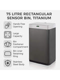 Tower Grey 75L Rectangular Sensor Bin (British brand)