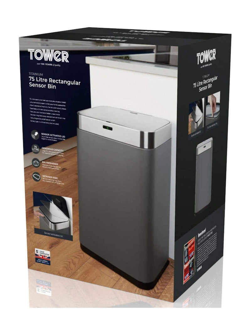 Tower Grey 75L Rectangular Sensor Bin (British brand)