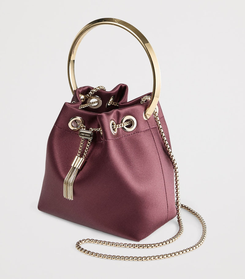 Jimmy Choo Bon Bon satin top-handle bag in claret, imported from the UK