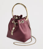 Jimmy Choo Bon Bon satin top-handle bag in claret, imported from the UK