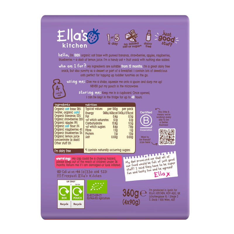 Ella's Kitchen Berry Oaty Smooshy 4 x 90g, imported from the UK