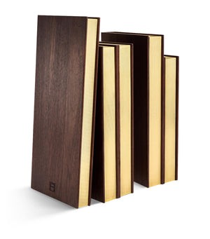Bookends Set of Two in Walnut Wood and Brushed Brass to Mimic Stack of Books