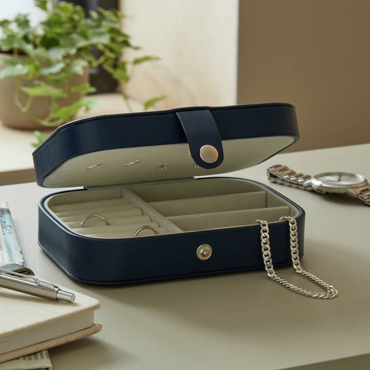 Argos Home Navy Faux Leather Medium Travel Jewellery Box, imported from the UK