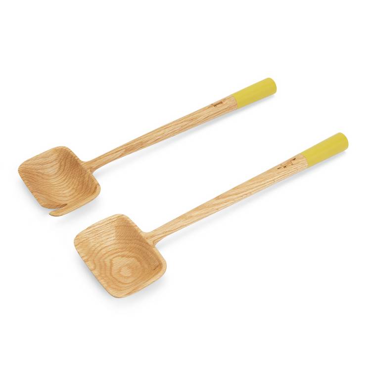 Habitat x Scion oak wood salad servers with yellow handles - British product
