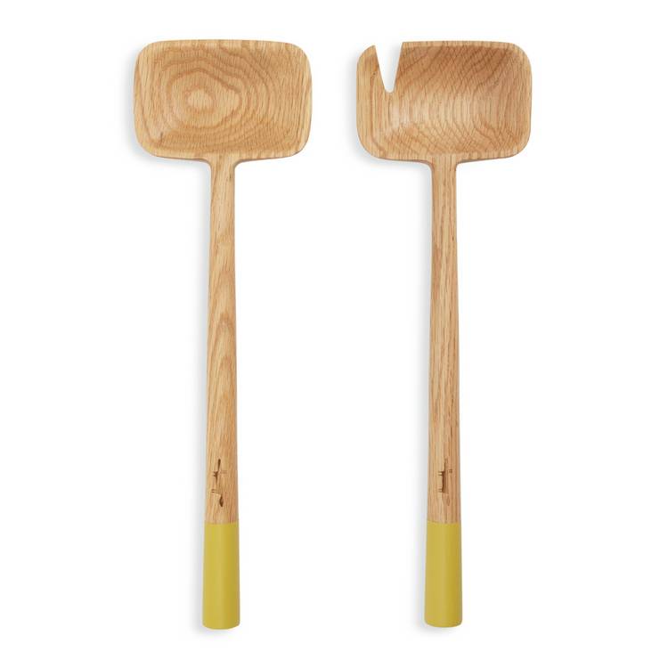 Habitat x Scion oak wood salad servers with yellow handles - British product