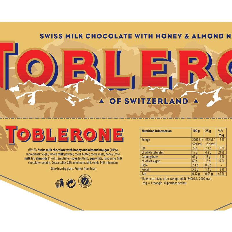 Toblerone Swiss Milk Chocolate with honey and almond nougat 750g (British brand)
