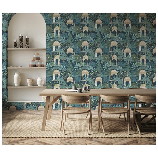 Esselle Home Exotic Pavilion navy wallpaper roll 50cm x 10m (British brand)