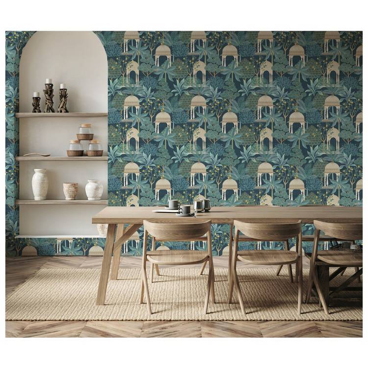 Esselle Home Exotic Pavilion navy wallpaper roll 50cm x 10m (British brand)