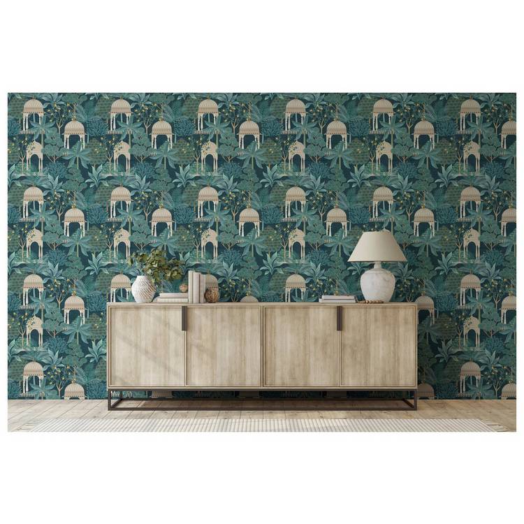 Esselle Home Exotic Pavilion navy wallpaper roll 50cm x 10m (British brand)