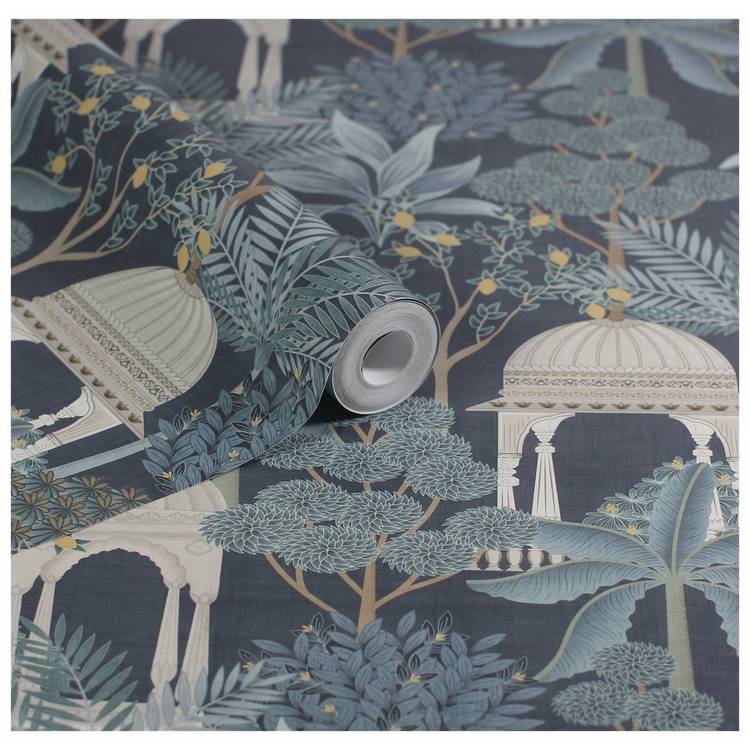 Esselle Home Exotic Pavilion navy wallpaper roll 50cm x 10m (British brand)