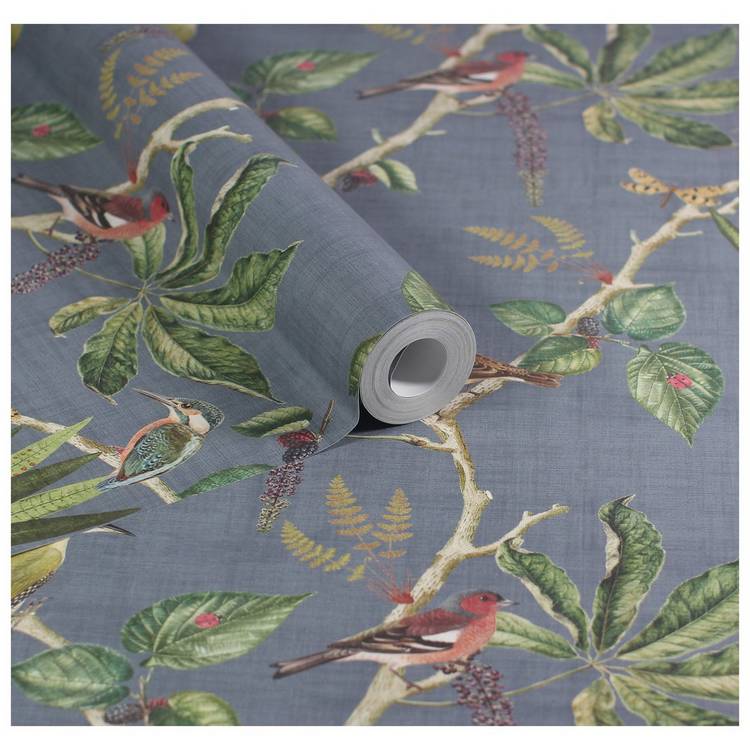 Esselle Home Hill Top Garden wallpaper slate blue botanical design, UK version