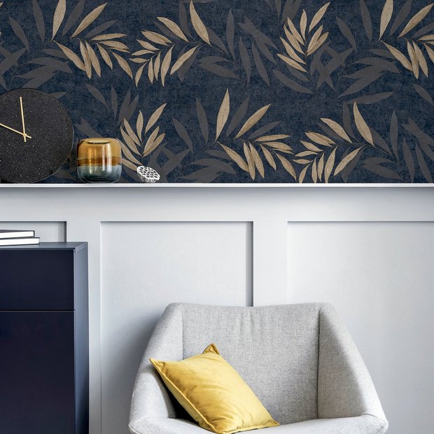 Arthouse Luxury Leaf Navy Champagne wallpaper, imported from the UK