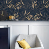 Arthouse Luxury Leaf Navy Champagne wallpaper, imported from the UK