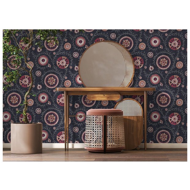 Esselle Home Nahlia Trail Navy Blue wallpaper with Moroccan patterns (British brand)