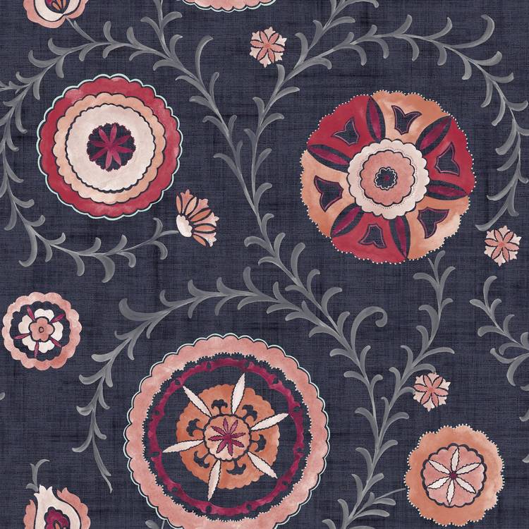 Esselle Home Nahlia Trail Navy Blue wallpaper with Moroccan patterns (British brand)